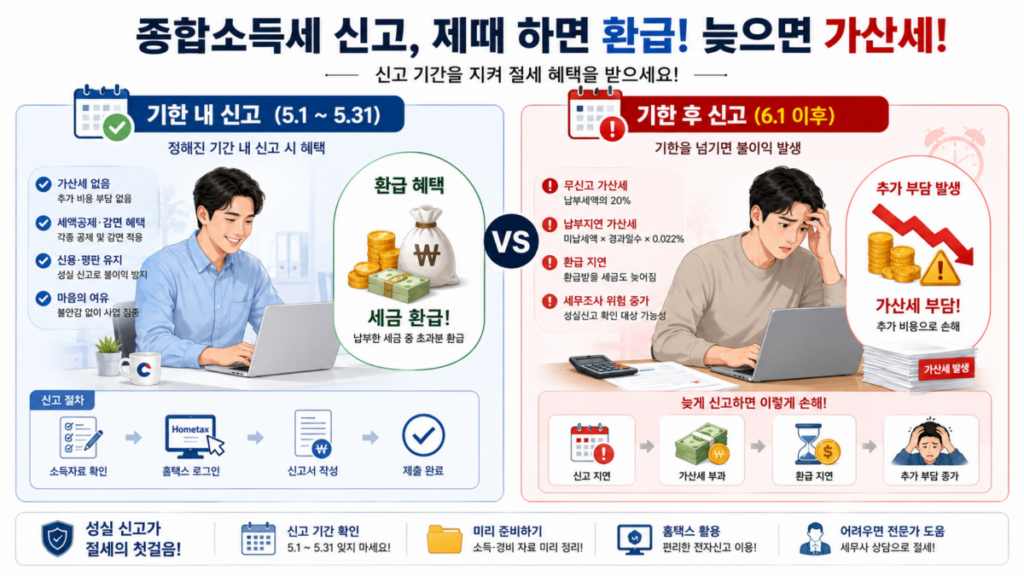 종합소득세 기한 내 신고와 미신고 시 가산세 비교 이미지