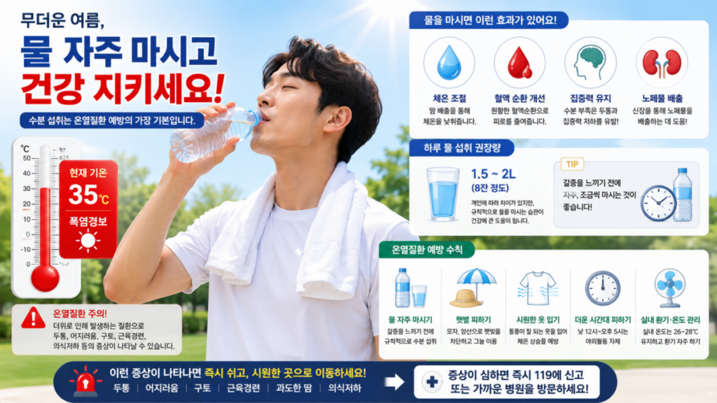 폭염 속에서 물을 마시며 수분을 보충하는 여름 건강관리 모습