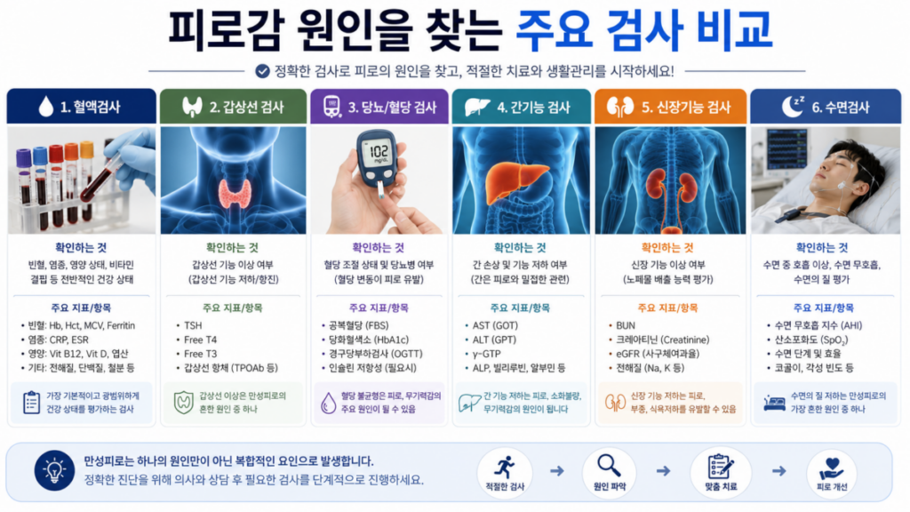 반복되는 피로감 원인 확인을 위한 주요 검사 종류 인포그래픽