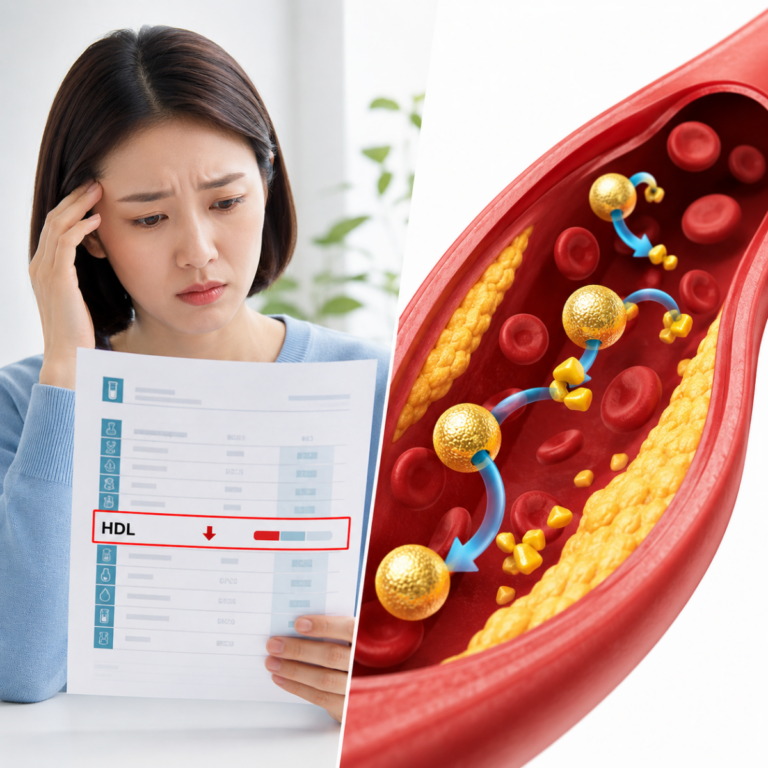 HDL 콜레스테롤 수치가 낮게 나온 검사 결과와 혈관 건강을 설명하는 일러스트