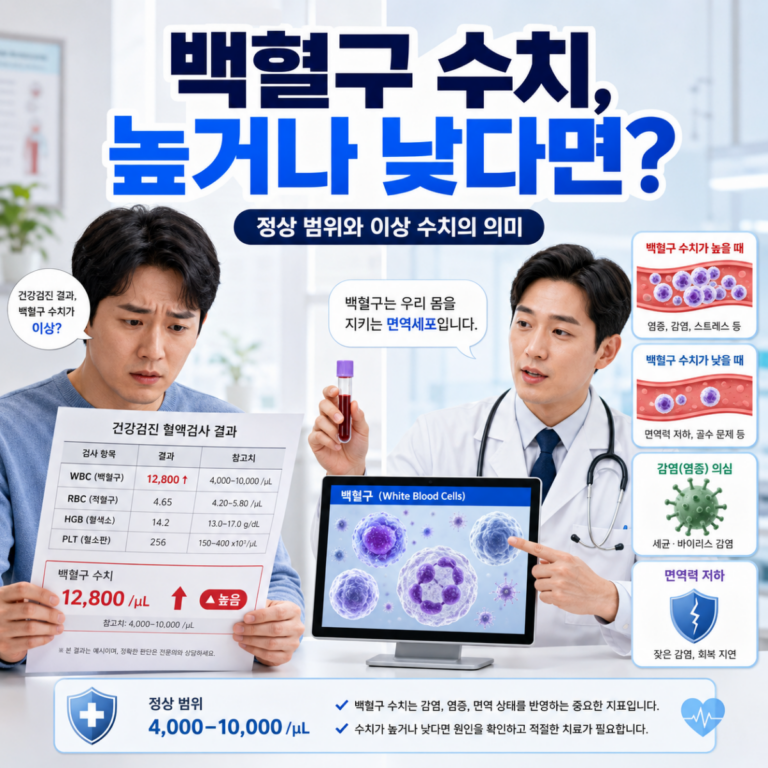 건강검진에서 백혈구 수치가 높거나 낮게 나온 결과를 의사와 상담하는 모습