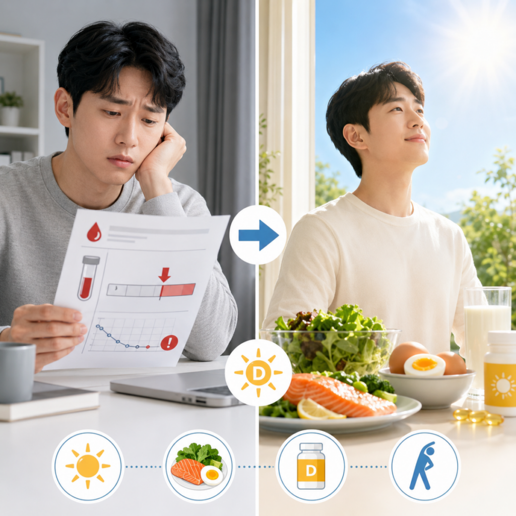 비타민D 부족 검사 결과를 확인하고 햇빛, 음식, 보충제로 관리하는 모습