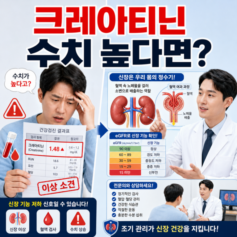 크레아티닌 수치 상승과 신장 기능 저하 가능성을 설명하는 건강 블로그 썸네일
