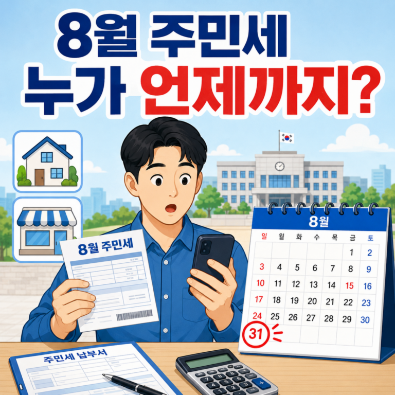 8월 주민세 고지서와 납부기한을 확인하는 모습으로 개인분과 사업소분 납부 대상을 안내하는 이미지