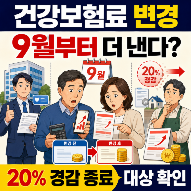 건강보험료 변경으로 9월부터 보험료가 오르는 대상과 20% 경감 종료를 설명하는 이미지