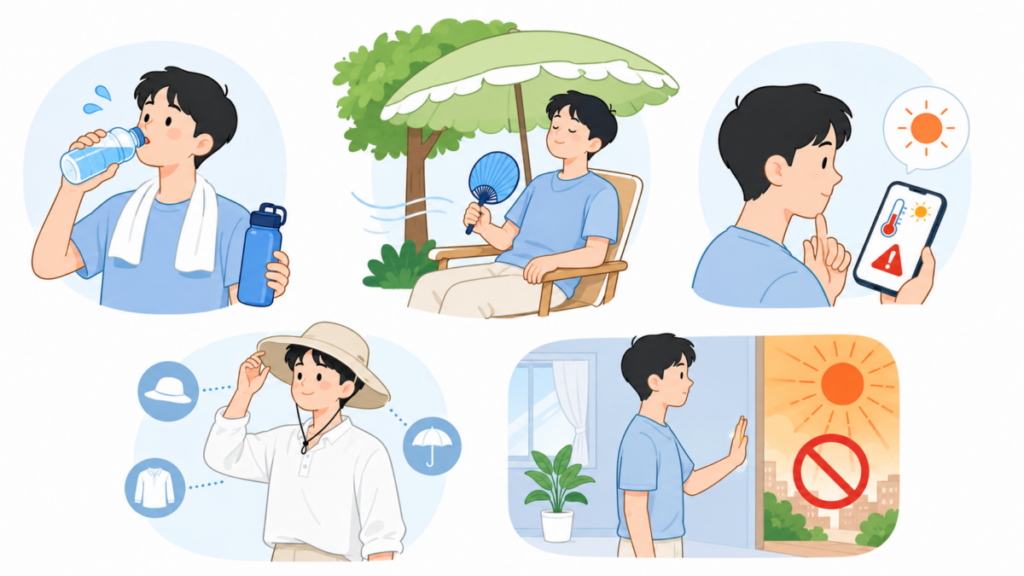 폭염 대처법? 물을 자주 마시고 그늘에서 쉬며 폭염특보를 확인하는 폭염 기본 대처법