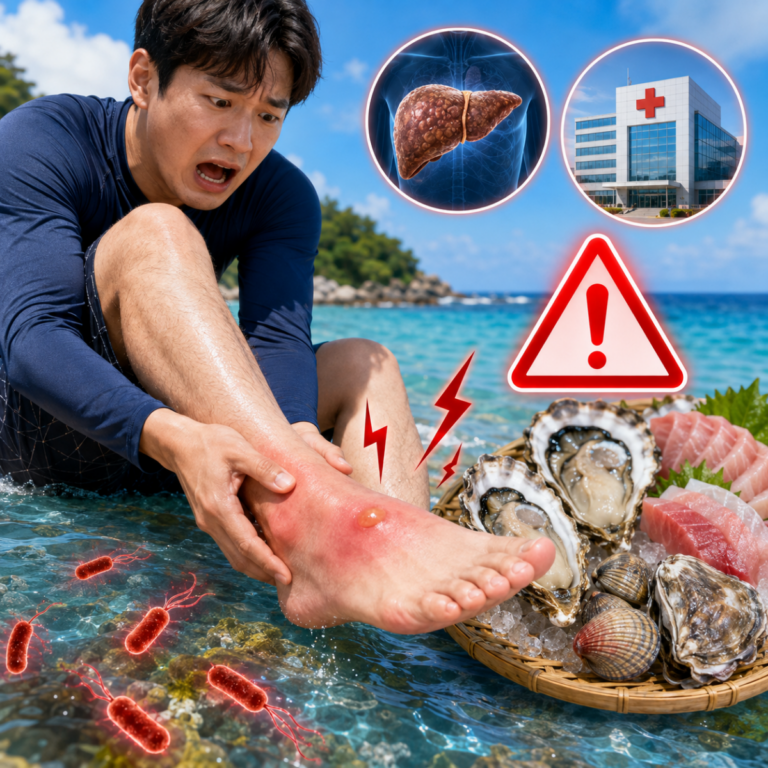바닷물에 닿은 발의 작은 상처가 붉게 붓고 물집이 생긴 비브리오패혈증 초기 증상