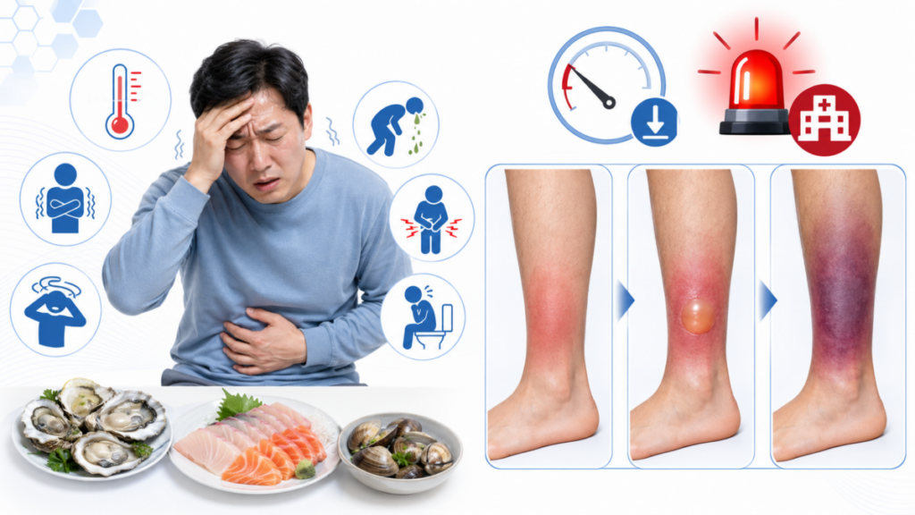발열과 오한, 복통 및 다리의 붓기와 물집으로 나타나는 비브리오패혈증 초기 증상