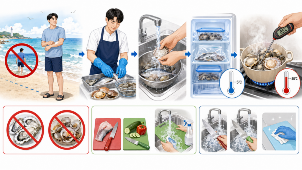 상처의 바닷물 접촉을 피하고 어패류를 충분히 익히는 비브리오패혈증 예방법