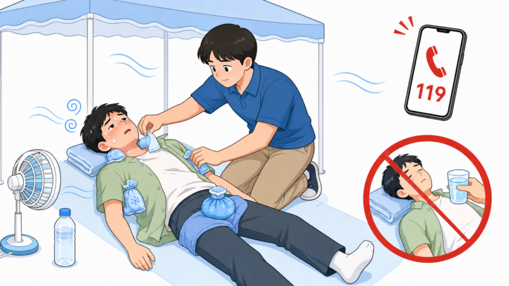 온열질환이 의심되는 사람을 시원한 곳으로 옮기고 몸을 식히며 119에 신고하는 응급 대처법