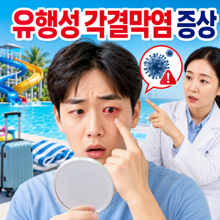유행성 각결막염 증상으로 눈이 충혈된 여름휴가 여행객