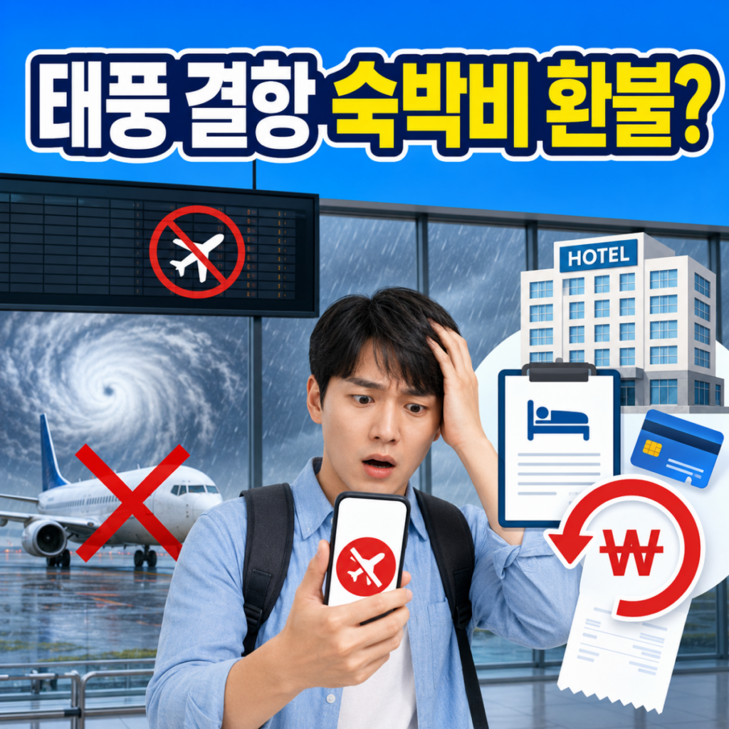 태풍으로 항공편이 결항된 상황에서 호텔 예약과 숙박비 환불 가능 여부를 보여주는 이미지입니다.