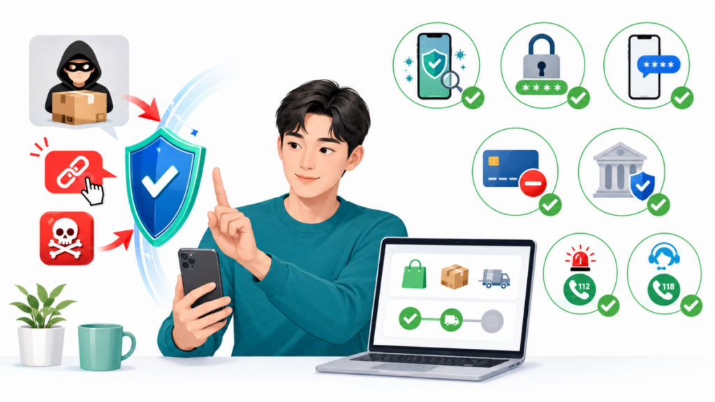 택배 사칭 문자 링크를 차단하고 비밀번호 변경과 신고를 진행하는 모습