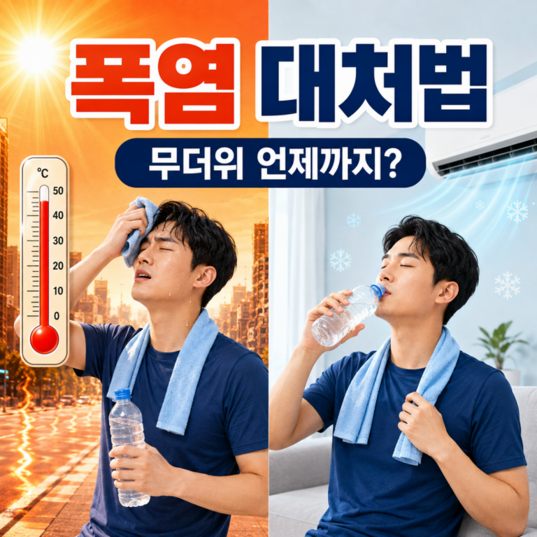 폭염 속 야외에서 더위에 지친 사람과 시원한 실내에서 물을 마시며 휴식하는 모습을 비교한 폭염 대처법 이미지