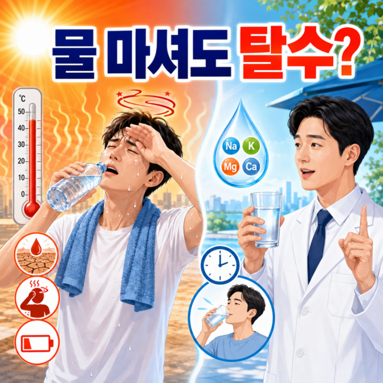 폭염 속에서 물을 마셔도 어지럽고 지친 사람과 올바른 수분 섭취법을 설명하는 의사