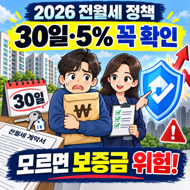 2026 전월세 정책의 30일 신고와 임대료 5% 상한을 안내하는 이미지