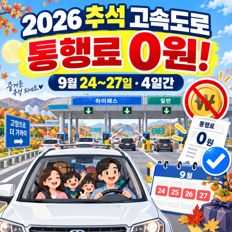 2026 추석 고속도로 통행료 면제 9월 24일부터 27일까지 4일간 안내