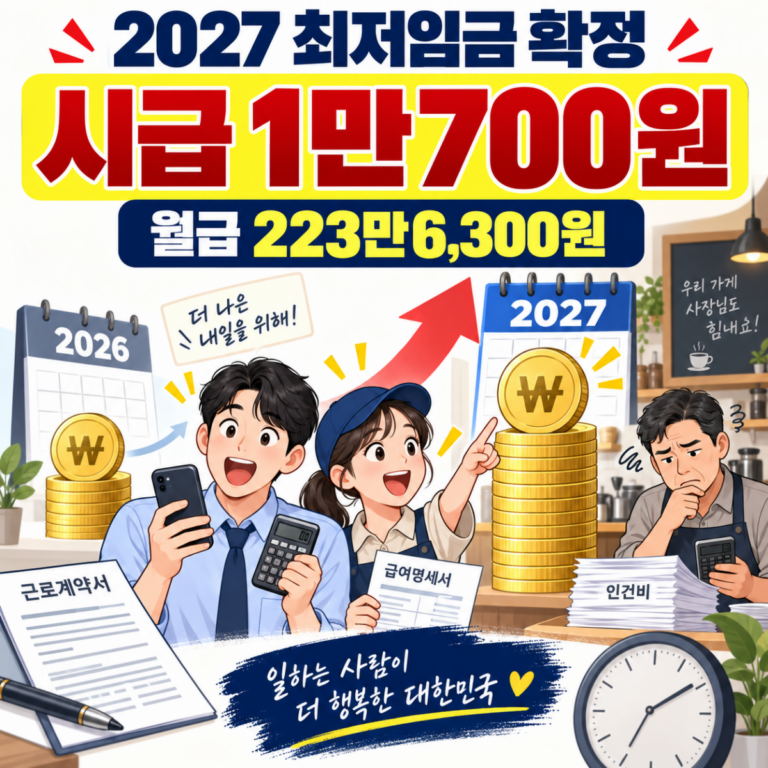 2027 최저임금 시급 1만700원과 월급 223만6,300원 안내