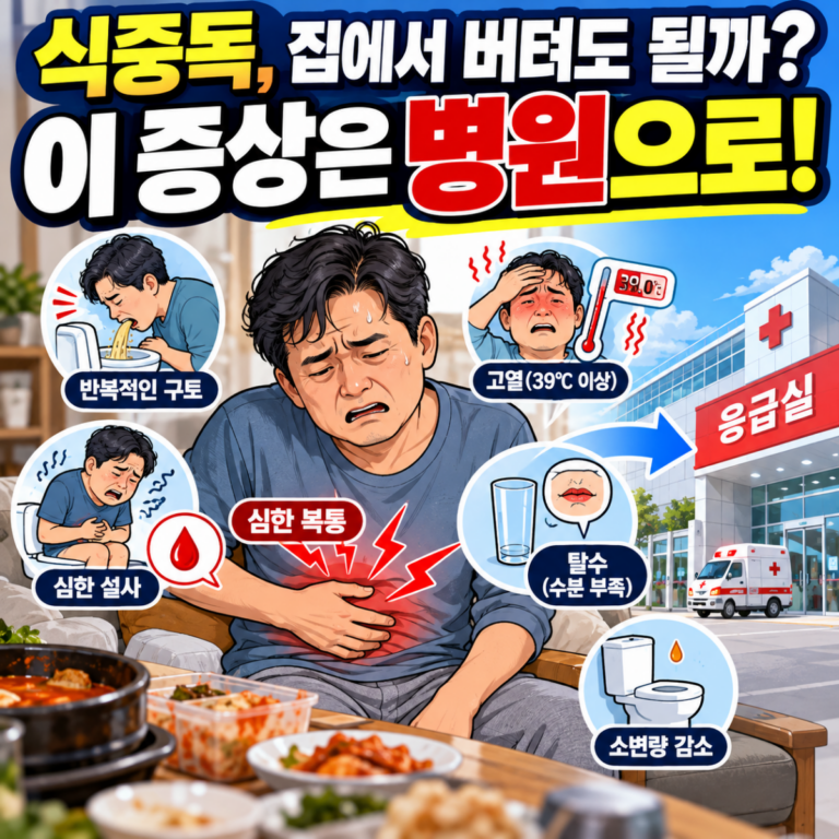 식중독 병원 가야 하는 증상과 혈변 고열 탈수 위험 신호를 설명하는 이미지