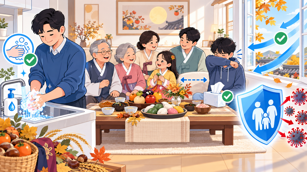 추석 가족 모임에서 손 씻기와 환기로 호흡기 감염을 예방하는 모습