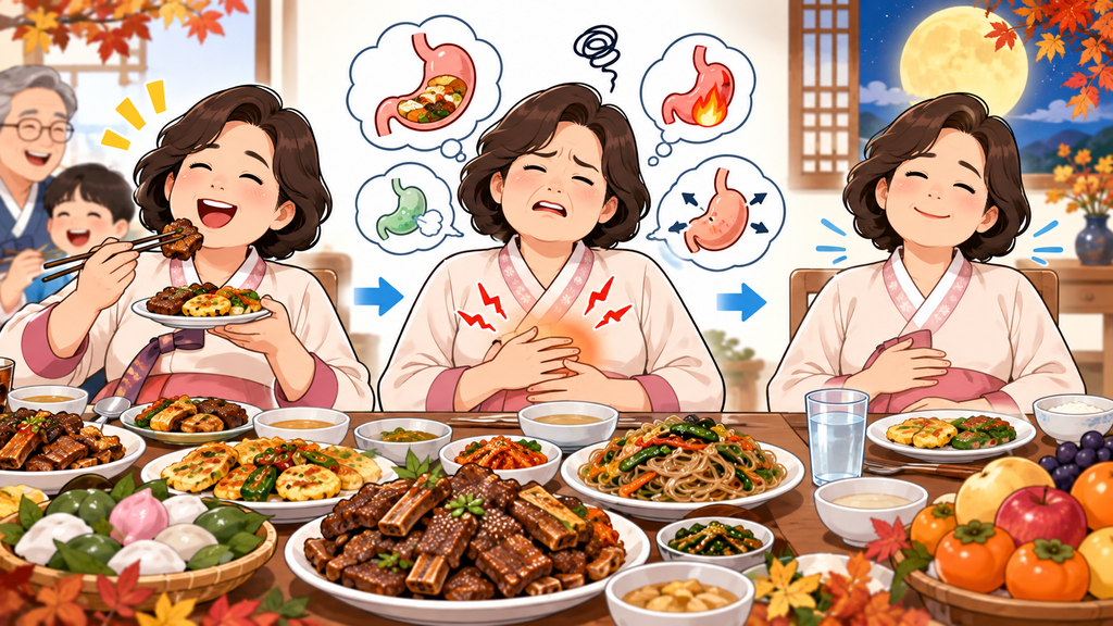 추석 과식 소화불량 명절 음식을 과식한 뒤 복부 팽만과 소화불량을 느끼는 모습