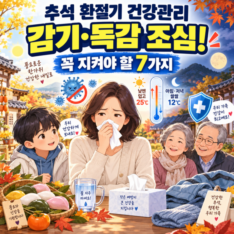 추석 환절기 건강관리 7가지와 감기·독감 예방법을 안내하는 이미지