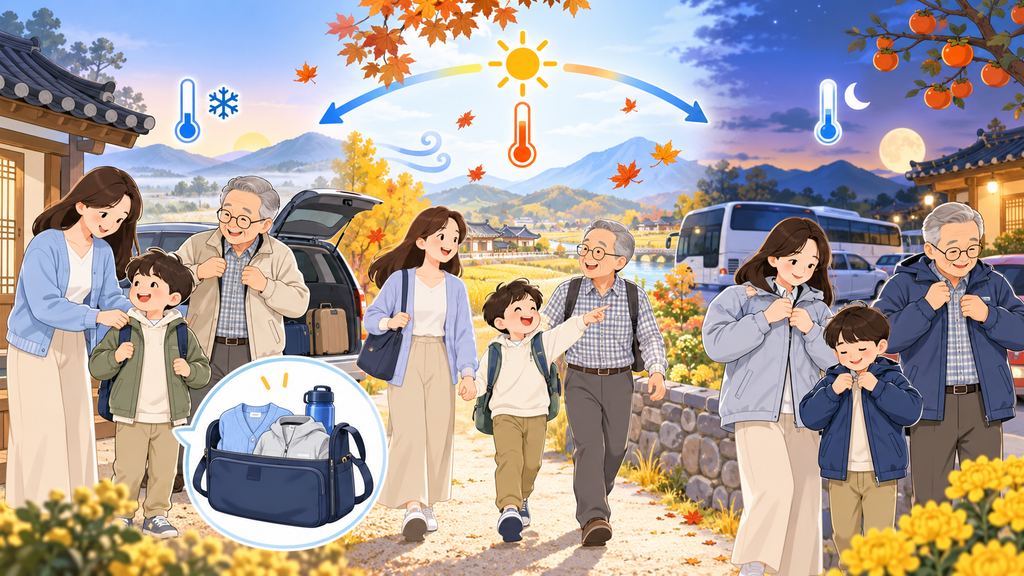 추석 환절기 건강관리 큰 일교차에 대비해 겉옷으로 체온을 조절하는 가족