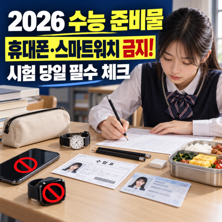2026 수능 준비물과 시험장 반입 금지 물품을 안내하는 이미지, 수험표와 신분증 및 휴대폰 금지 표시