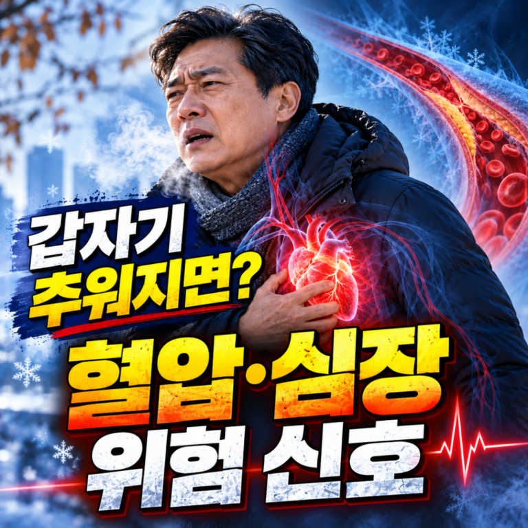 추운 날씨 혈압 상승과 심혈관 건강 위험을 표현한 중년 성인과 심장 이미지