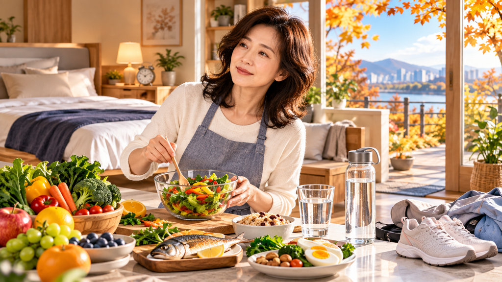 환절기 면역력을 위해 균형 잡힌 식사와 운동, 수면을 관리하는 모습